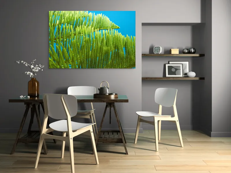 Tablou Canvas, "Dansul frunzelor sub cer senin", Frunze, Verde, Albastru, Contrast, Natură, Textură, Cer, Plante, Lumină, Ușurință, 150 x 100 cm – poza 5