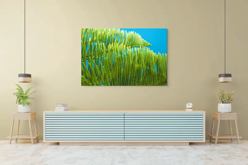 Tablou Canvas, "Dansul frunzelor sub cer senin", Frunze, Verde, Albastru, Contrast, Natură, Textură, Cer, Plante, Lumină, Ușurință, 150 x 100 cm – poza 6