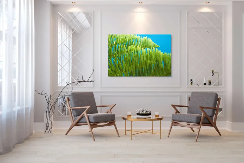 Tablou Canvas, "Dansul frunzelor sub cer senin", Frunze, Verde, Albastru, Contrast, Natură, Textură, Cer, Plante, Lumină, Ușurință, 150 x 100 cm – poza 7
