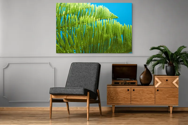 Tablou Canvas, "Dansul frunzelor sub cer senin", Frunze, Verde, Albastru, Contrast, Natură, Textură, Cer, Plante, Lumină, Ușurință, 150 x 100 cm – poza 8