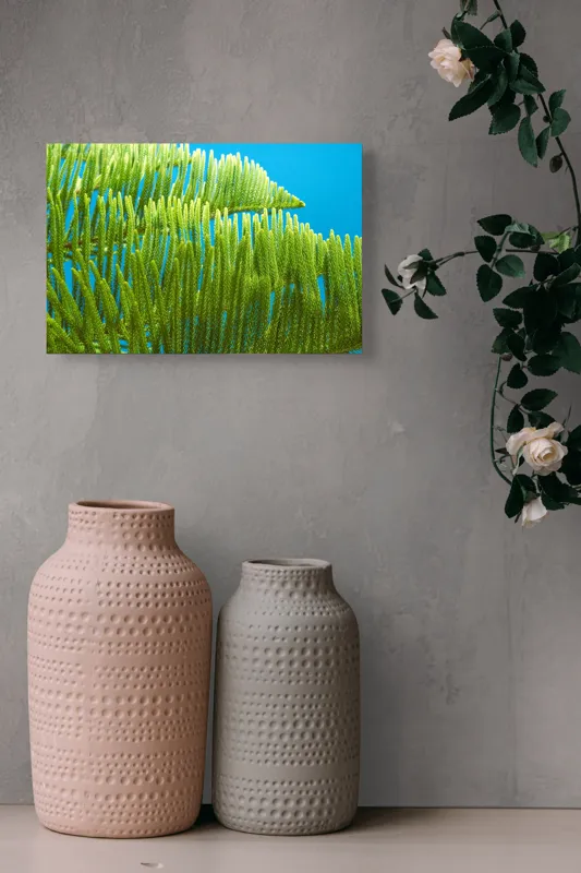 Tablou Canvas, "Dansul frunzelor sub cer senin", Frunze, Verde, Albastru, Contrast, Natură, Textură, Cer, Plante, Lumină, Ușurință, 39 x 26 cm – poza 4