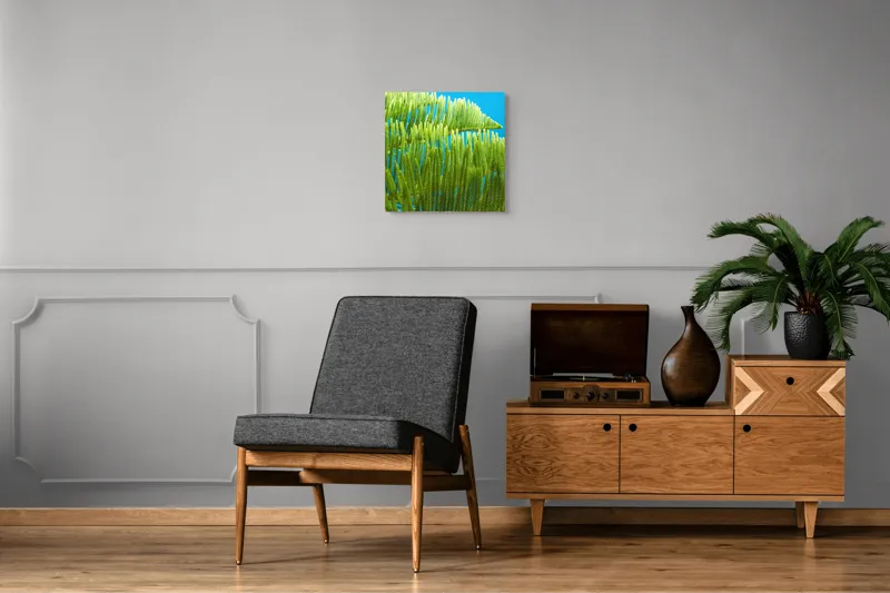 Tablou Canvas, "Dansul frunzelor sub cer senin", Frunze, Verde, Albastru, Contrast, Natură, Textură, Cer, Plante, Lumină, Ușurință, 50 x 50 cm – poza 6