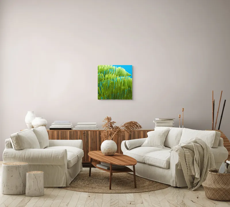 Tablou Canvas, "Dansul frunzelor sub cer senin", Frunze, Verde, Albastru, Contrast, Natură, Textură, Cer, Plante, Lumină, Ușurință, 50 x 50 cm – poza 7