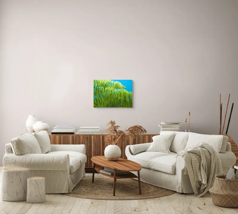 Tablou Canvas, "Dansul frunzelor sub cer senin", Frunze, Verde, Albastru, Contrast, Natură, Textură, Cer, Plante, Lumină, Ușurință, 54 x 39 cm – poza 5