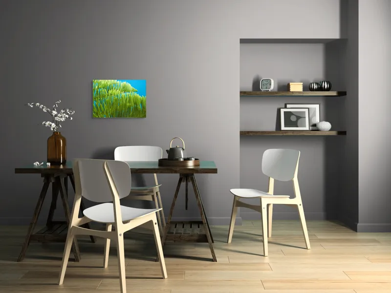 Tablou Canvas, "Dansul frunzelor sub cer senin", Frunze, Verde, Albastru, Contrast, Natură, Textură, Cer, Plante, Lumină, Ușurință, 54 x 39 cm – poza 6