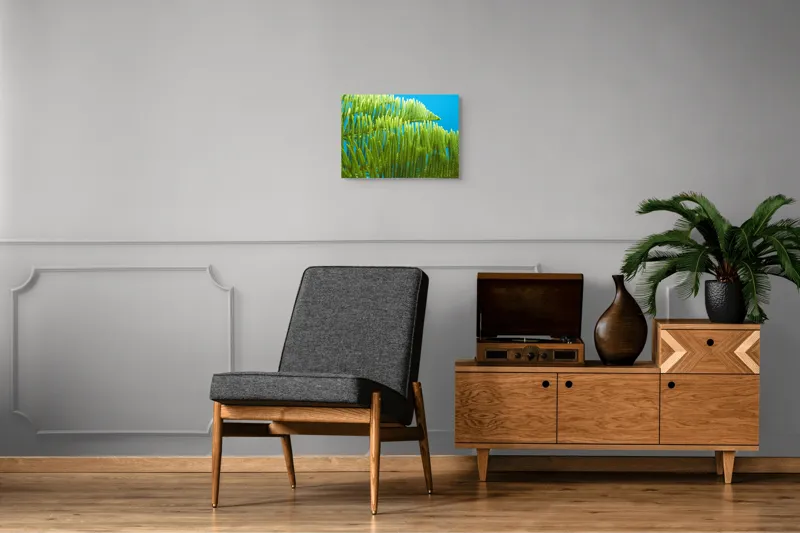 Tablou Canvas, "Dansul frunzelor sub cer senin", Frunze, Verde, Albastru, Contrast, Natură, Textură, Cer, Plante, Lumină, Ușurință, 54 x 39 cm – poza 7