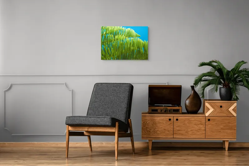 Tablou Canvas, "Dansul frunzelor sub cer senin", Frunze, Verde, Albastru, Contrast, Natură, Textură, Cer, Plante, Lumină, Ușurință, 70 x 50 cm – poza 4