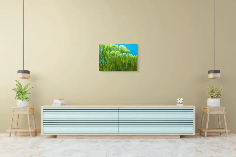 Tablou Canvas, "Dansul frunzelor sub cer senin", Frunze, Verde, Albastru, Contrast, Natură, Textură, Cer, Plante, Lumină, Ușurință, 70 x 50 cm – poza 7