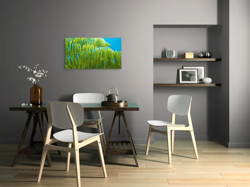 Tablou Canvas, "Dansul frunzelor sub cer senin", Frunze, Verde, Albastru, Contrast, Natură, Textură, Cer, Plante, Lumină, Ușurință, 90 x 50 cm – poza 3