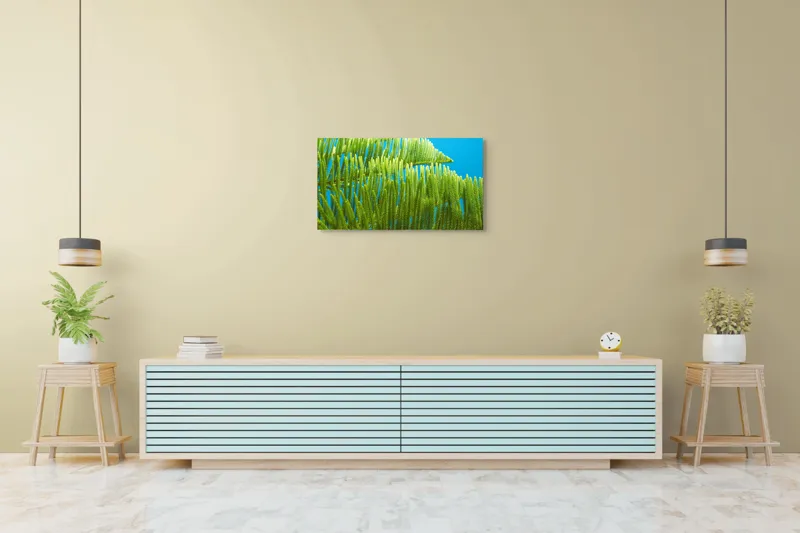 Tablou Canvas, "Dansul frunzelor sub cer senin", Frunze, Verde, Albastru, Contrast, Natură, Textură, Cer, Plante, Lumină, Ușurință, 90 x 50 cm – poza 5