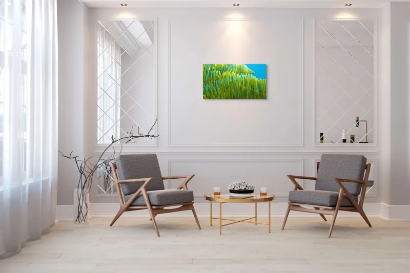 Tablou Canvas, "Dansul frunzelor sub cer senin", Frunze, Verde, Albastru, Contrast, Natură, Textură, Cer, Plante, Lumină, Ușurință, 90 x 50 cm – poza 7