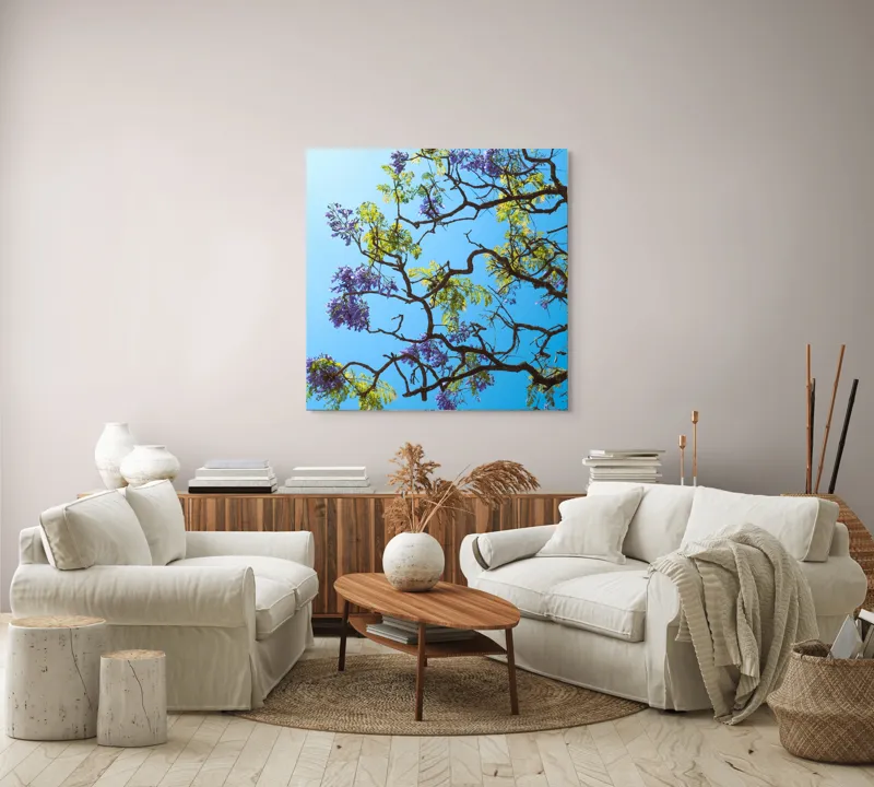 Tablou Canvas, "Flori de primăvară sub cer senin", Flori, Ramuri, Cer, Albastru, Frunze, Verde, Luminos, Primăvară, 100 x 100 cm – poza 3