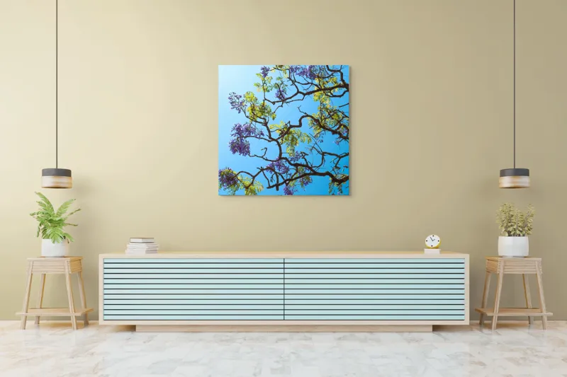 Tablou Canvas, "Flori de primăvară sub cer senin", Flori, Ramuri, Cer, Albastru, Frunze, Verde, Luminos, Primăvară, 100 x 100 cm – poza 5
