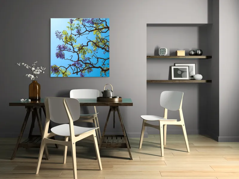 Tablou Canvas, "Flori de primăvară sub cer senin", Flori, Ramuri, Cer, Albastru, Frunze, Verde, Luminos, Primăvară, 100 x 100 cm – poza 6