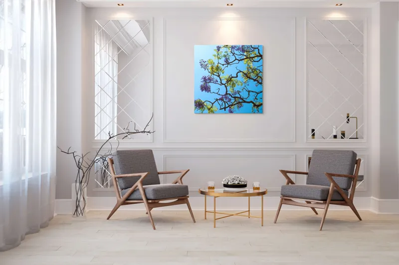 Tablou Canvas, "Flori de primăvară sub cer senin", Flori, Ramuri, Cer, Albastru, Frunze, Verde, Luminos, Primăvară, 100 x 100 cm – poza 7