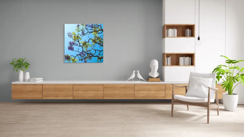 Tablou Canvas, "Flori de primăvară sub cer senin", Flori, Ramuri, Cer, Albastru, Frunze, Verde, Luminos, Primăvară, 100 x 100 cm – poza 8