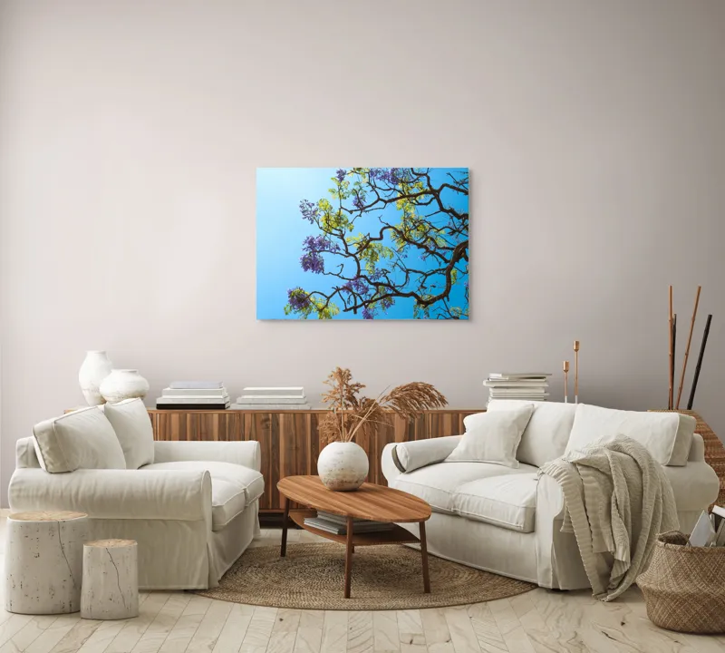 Tablou Canvas, "Flori de primăvară sub cer senin", Flori, Ramuri, Cer, Albastru, Frunze, Verde, Luminos, Primăvară, 100 x 70 cm – poza 3
