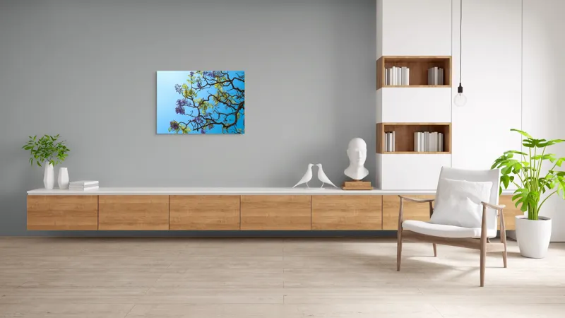 Tablou Canvas, "Flori de primăvară sub cer senin", Flori, Ramuri, Cer, Albastru, Frunze, Verde, Luminos, Primăvară, 100 x 70 cm – poza 6