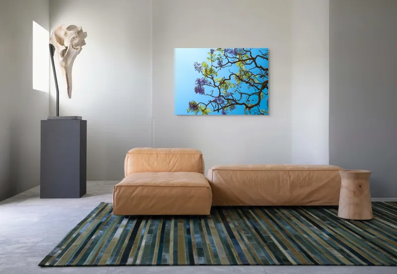 Tablou Canvas, "Flori de primăvară sub cer senin", Flori, Ramuri, Cer, Albastru, Frunze, Verde, Luminos, Primăvară, 100 x 70 cm – poza 7