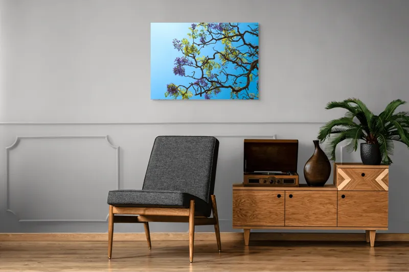 Tablou Canvas, "Flori de primăvară sub cer senin", Flori, Ramuri, Cer, Albastru, Frunze, Verde, Luminos, Primăvară, 100 x 70 cm – poza 8