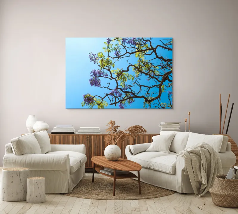 Tablou Canvas, "Flori de primăvară sub cer senin", Flori, Ramuri, Cer, Albastru, Frunze, Verde, Luminos, Primăvară, 150 x 100 cm – poza 3