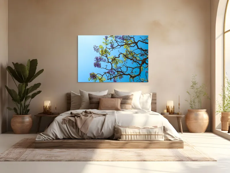 Tablou Canvas, "Flori de primăvară sub cer senin", Flori, Ramuri, Cer, Albastru, Frunze, Verde, Luminos, Primăvară, 150 x 100 cm – poza 4