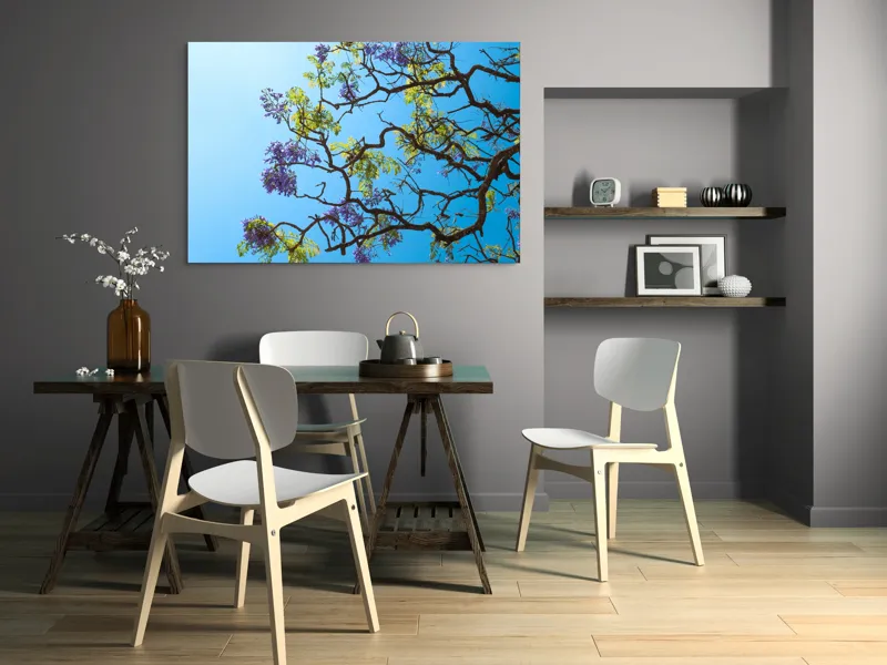 Tablou Canvas, "Flori de primăvară sub cer senin", Flori, Ramuri, Cer, Albastru, Frunze, Verde, Luminos, Primăvară, 150 x 100 cm – poza 5