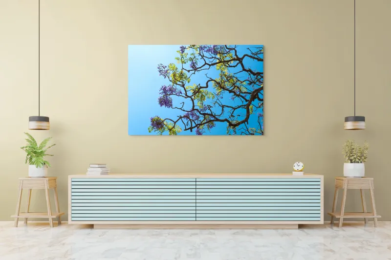 Tablou Canvas, "Flori de primăvară sub cer senin", Flori, Ramuri, Cer, Albastru, Frunze, Verde, Luminos, Primăvară, 150 x 100 cm – poza 6
