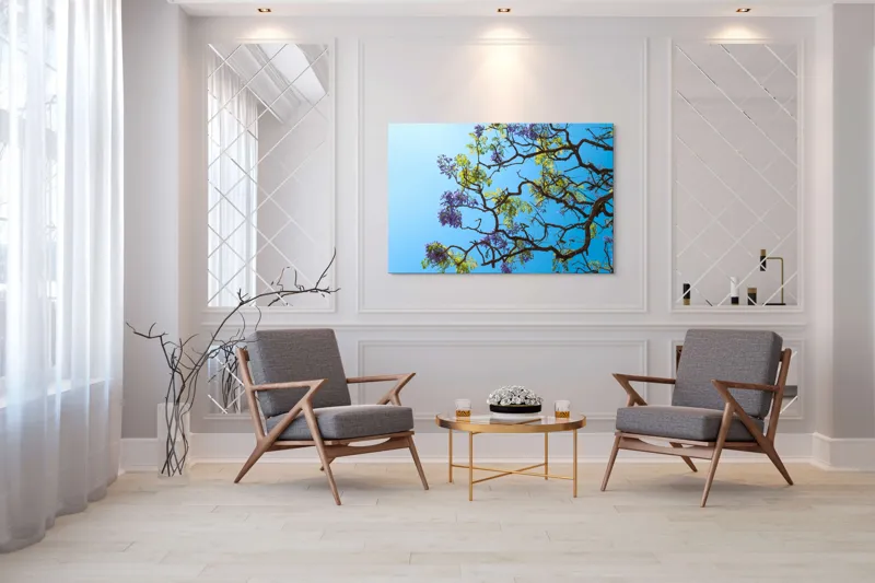 Tablou Canvas, "Flori de primăvară sub cer senin", Flori, Ramuri, Cer, Albastru, Frunze, Verde, Luminos, Primăvară, 150 x 100 cm – poza 7