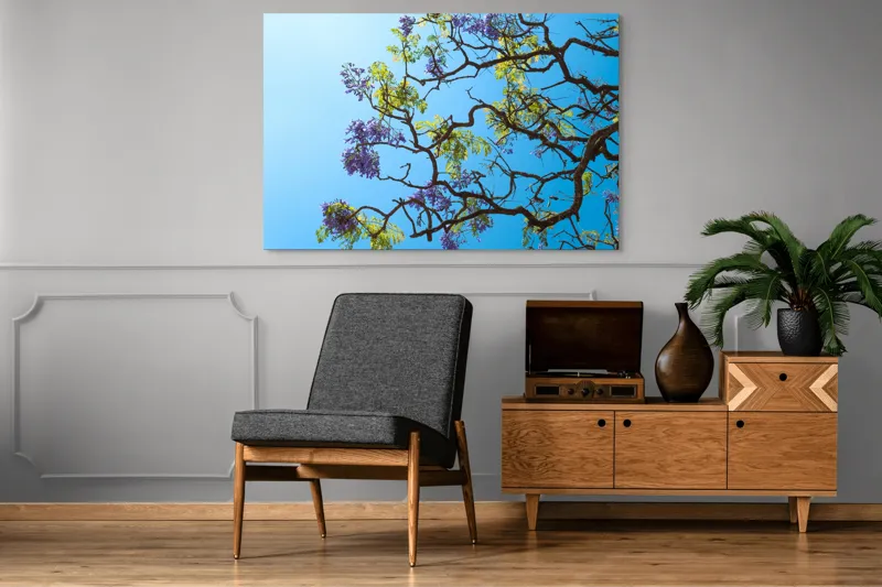 Tablou Canvas, "Flori de primăvară sub cer senin", Flori, Ramuri, Cer, Albastru, Frunze, Verde, Luminos, Primăvară, 150 x 100 cm – poza 8