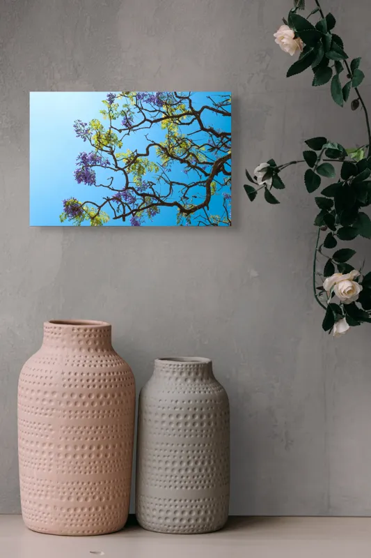 Tablou Canvas, "Flori de primăvară sub cer senin", Flori, Ramuri, Cer, Albastru, Frunze, Verde, Luminos, Primăvară, 39 x 26 cm – poza 4