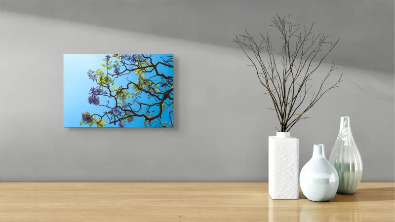 Tablou Canvas, "Flori de primăvară sub cer senin", Flori, Ramuri, Cer, Albastru, Frunze, Verde, Luminos, Primăvară, 39 x 26 cm – poza 8
