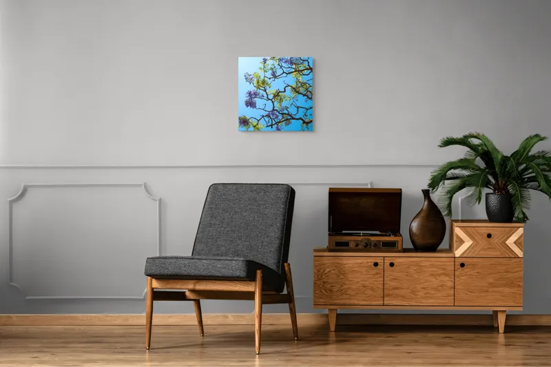 Tablou Canvas, "Flori de primăvară sub cer senin", Flori, Ramuri, Cer, Albastru, Frunze, Verde, Luminos, Primăvară, 50 x 50 cm – poza 6
