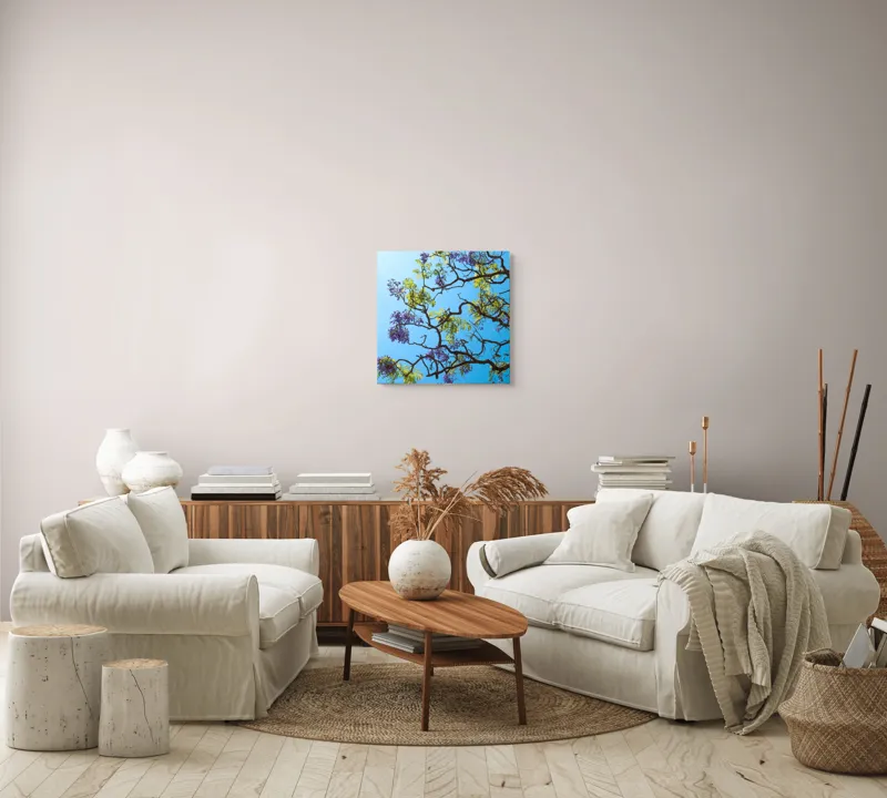 Tablou Canvas, "Flori de primăvară sub cer senin", Flori, Ramuri, Cer, Albastru, Frunze, Verde, Luminos, Primăvară, 50 x 50 cm – poza 7