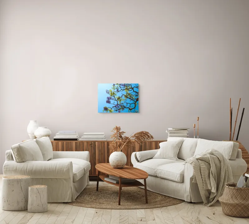 Tablou Canvas, "Flori de primăvară sub cer senin", Flori, Ramuri, Cer, Albastru, Frunze, Verde, Luminos, Primăvară, 54 x 39 cm – poza 5