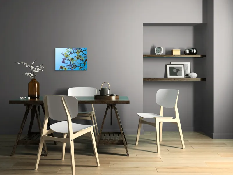 Tablou Canvas, "Flori de primăvară sub cer senin", Flori, Ramuri, Cer, Albastru, Frunze, Verde, Luminos, Primăvară, 54 x 39 cm – poza 6