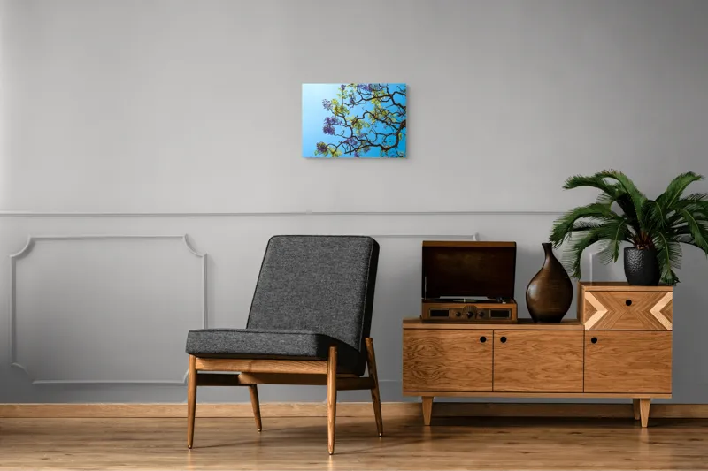 Tablou Canvas, "Flori de primăvară sub cer senin", Flori, Ramuri, Cer, Albastru, Frunze, Verde, Luminos, Primăvară, 54 x 39 cm – poza 7