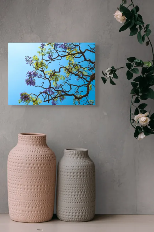 Tablou Canvas, "Flori de primăvară sub cer senin", Flori, Ramuri, Cer, Albastru, Frunze, Verde, Luminos, Primăvară, 54 x 39 cm – poza 8
