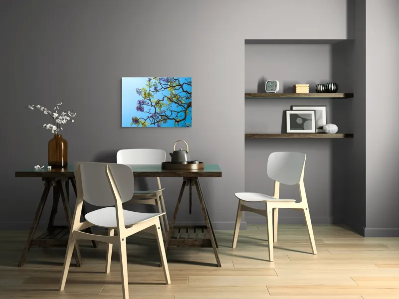 Tablou Canvas, "Flori de primăvară sub cer senin", Flori, Ramuri, Cer, Albastru, Frunze, Verde, Luminos, Primăvară, 70 x 50 cm – poza 5