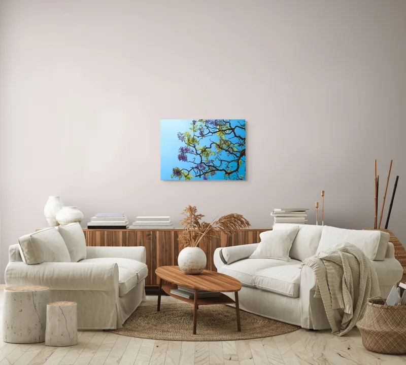 Tablou Canvas, "Flori de primăvară sub cer senin", Flori, Ramuri, Cer, Albastru, Frunze, Verde, Luminos, Primăvară, 70 x 50 cm – poza 6
