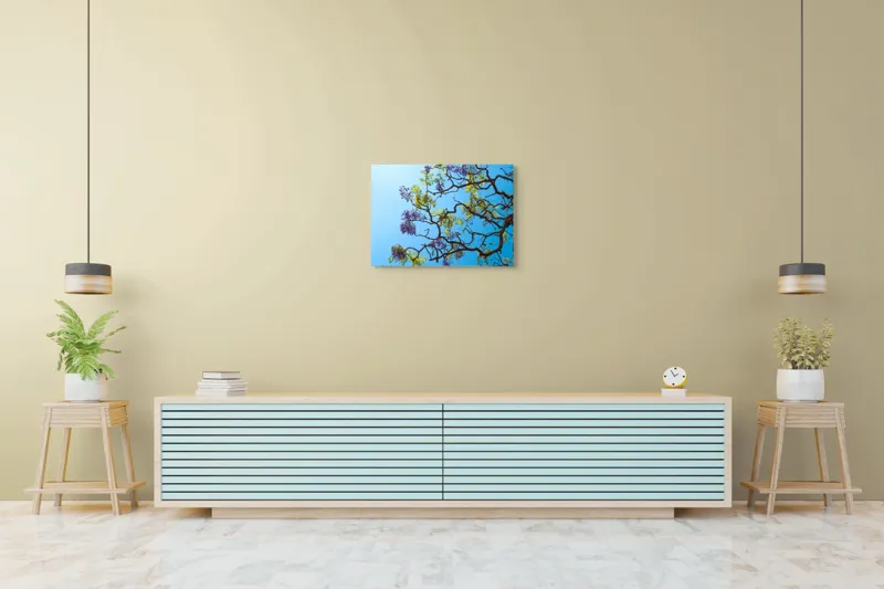 Tablou Canvas, "Flori de primăvară sub cer senin", Flori, Ramuri, Cer, Albastru, Frunze, Verde, Luminos, Primăvară, 70 x 50 cm – poza 7