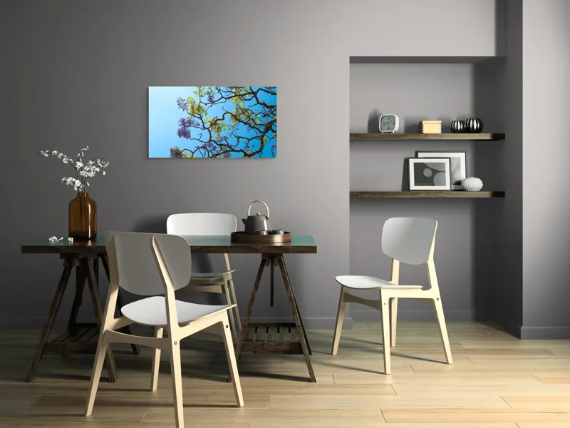 Tablou Canvas, "Flori de primăvară sub cer senin", Flori, Ramuri, Cer, Albastru, Frunze, Verde, Luminos, Primăvară, 90 x 50 cm – poza 3