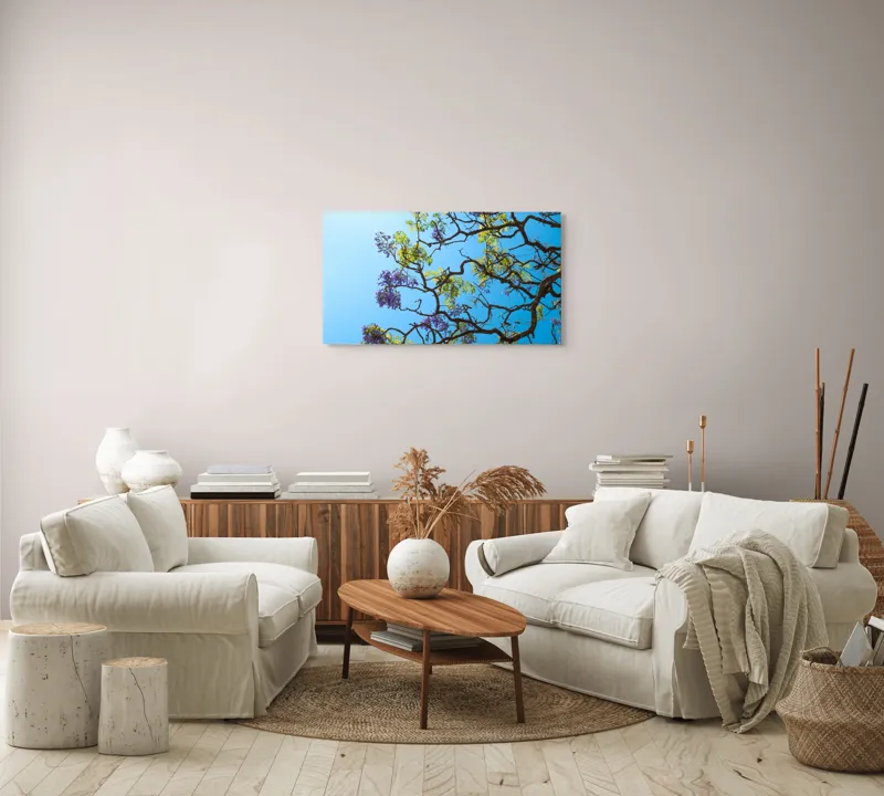 Tablou Canvas, "Flori de primăvară sub cer senin", Flori, Ramuri, Cer, Albastru, Frunze, Verde, Luminos, Primăvară, 90 x 50 cm – poza 4