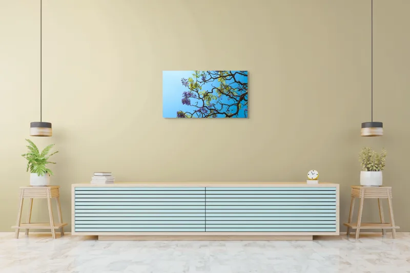 Tablou Canvas, "Flori de primăvară sub cer senin", Flori, Ramuri, Cer, Albastru, Frunze, Verde, Luminos, Primăvară, 90 x 50 cm – poza 5