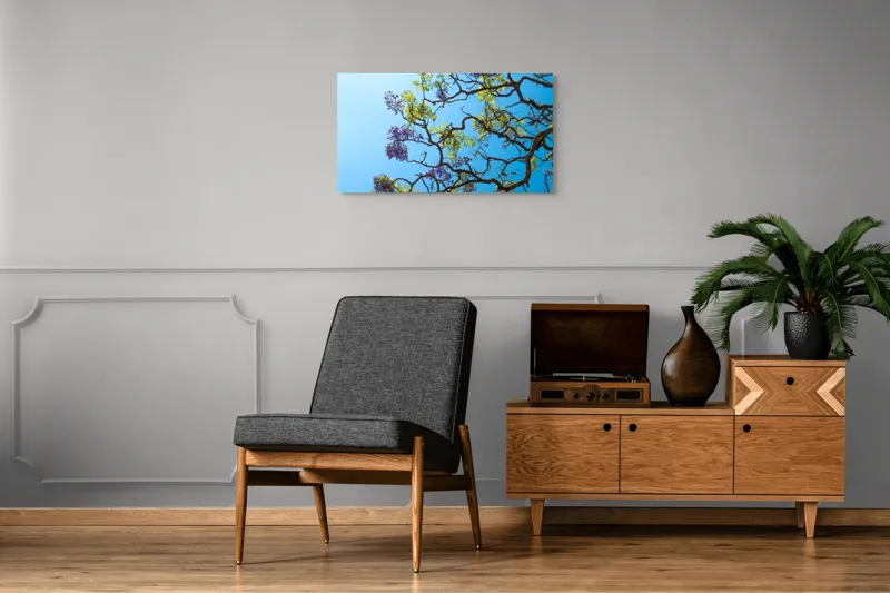 Tablou Canvas, "Flori de primăvară sub cer senin", Flori, Ramuri, Cer, Albastru, Frunze, Verde, Luminos, Primăvară, 90 x 50 cm – poza 6