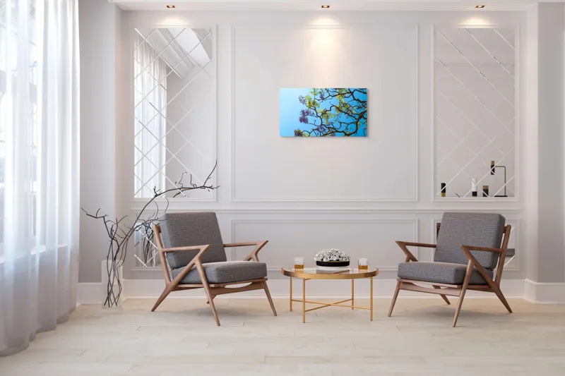Tablou Canvas, "Flori de primăvară sub cer senin", Flori, Ramuri, Cer, Albastru, Frunze, Verde, Luminos, Primăvară, 90 x 50 cm – poza 7