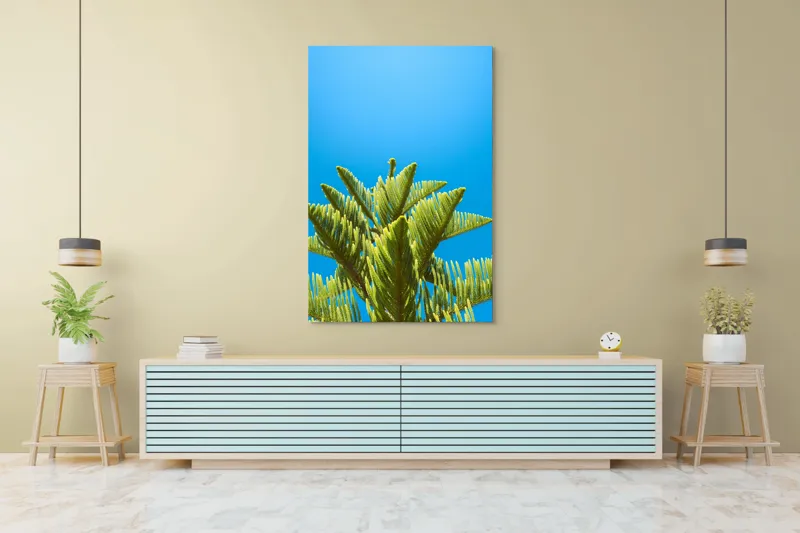 Tablou Canvas, "Verdele naturii sub cerul albastru", Frunziș, Cer, Verde, Albastru, Vârfuri, Natură, Soare, Luminozitate, Vară, 100 x 150 cm – poza 4