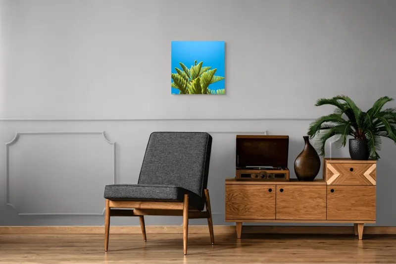 Tablou Canvas, "Verdele naturii sub cerul albastru", Frunziș, Cer, Verde, Albastru, Vârfuri, Natură, Soare, Luminozitate, Vară, 50 x 50 cm – poza 6