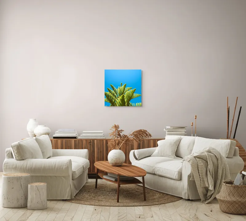 Tablou Canvas, "Verdele naturii sub cerul albastru", Frunziș, Cer, Verde, Albastru, Vârfuri, Natură, Soare, Luminozitate, Vară, 50 x 50 cm – poza 7