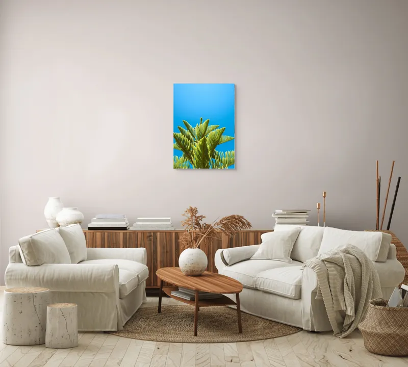 Tablou Canvas, "Verdele naturii sub cerul albastru", Frunziș, Cer, Verde, Albastru, Vârfuri, Natură, Soare, Luminozitate, Vară, 50 x 70 cm – poza 4